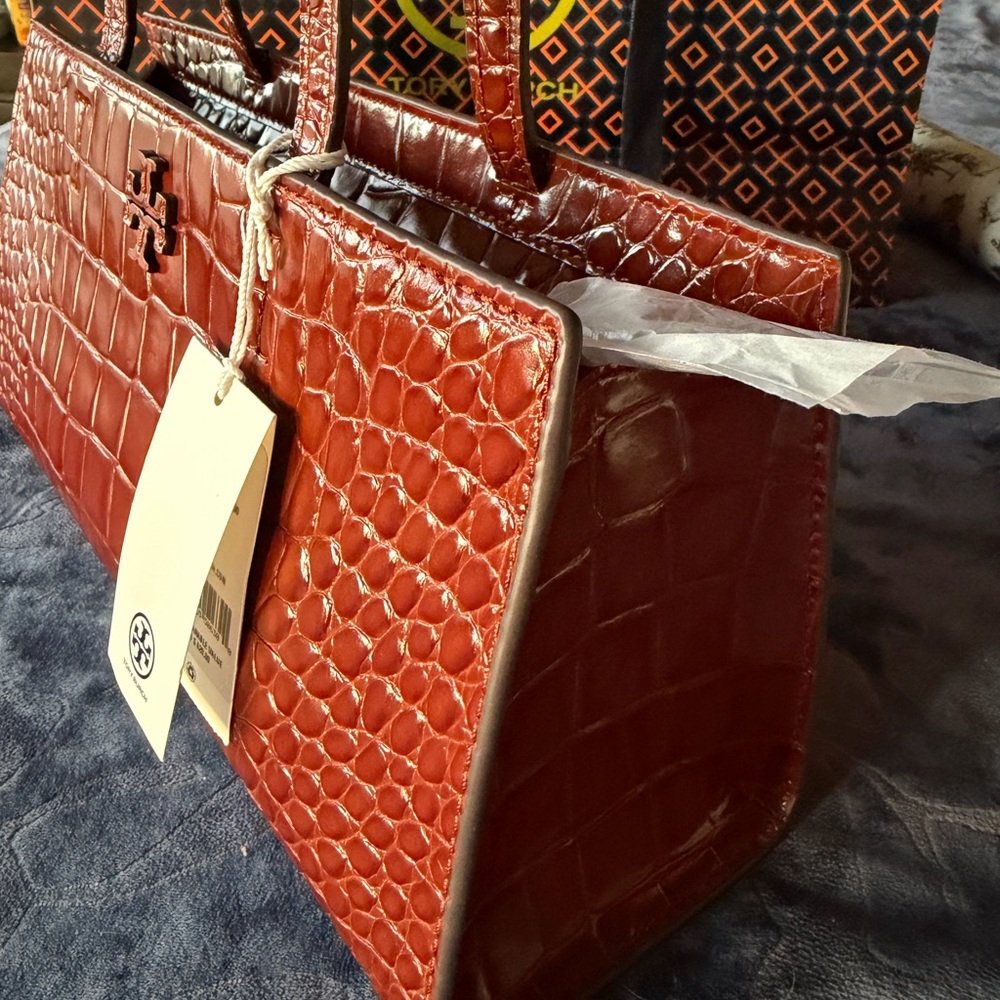 Tory Burch Cognac Croc Embossed Handbag - Picture 3 of 14